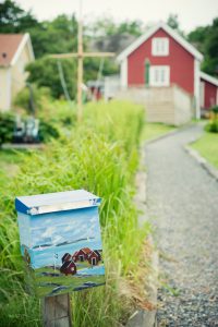 typical hand-painted mailbox next to a small path in one of the Goteborg ArchipielagoA's islands.